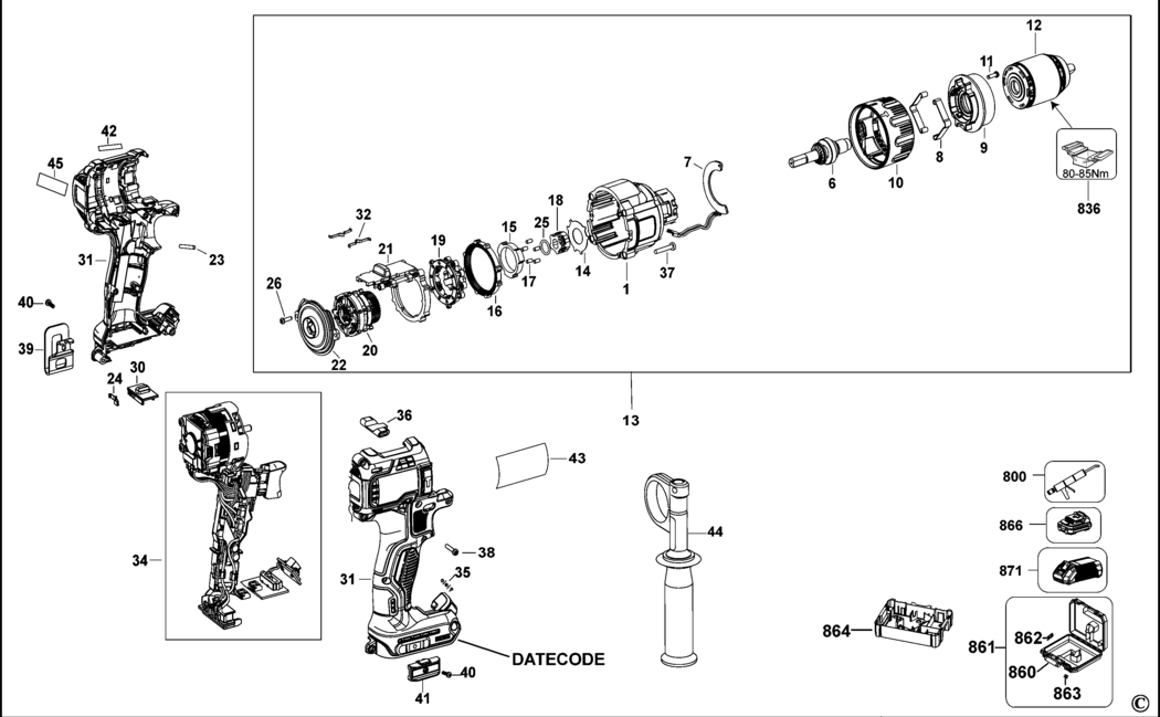 Dewalt DCD991 Type 1 Cordless Drill 18v Li-ion Spare Parts