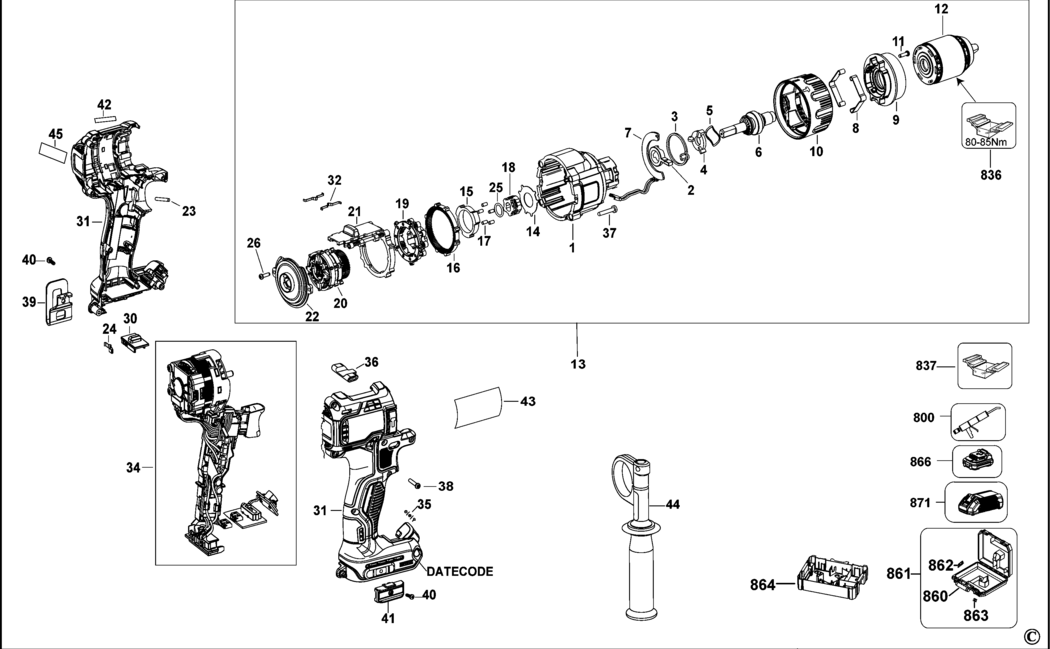 Dewalt DCD996 Type 1 Cordless Drill 18v Li-ion Spare Parts