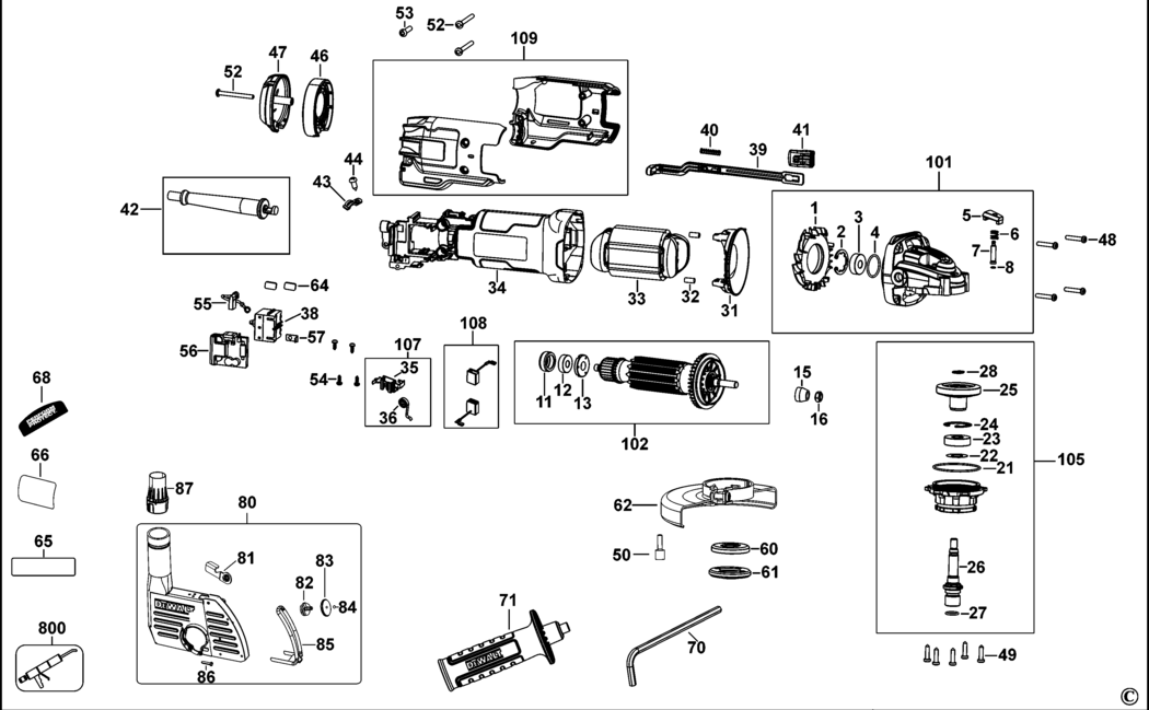 Dewalt DWE46105 Type 1 Small Angle Grinder Spare Parts