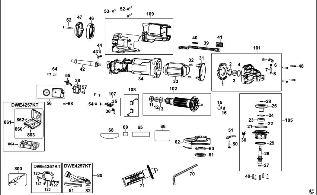 Dewalt DWE4257 Type 1 Small Angle Grinder Spare Parts