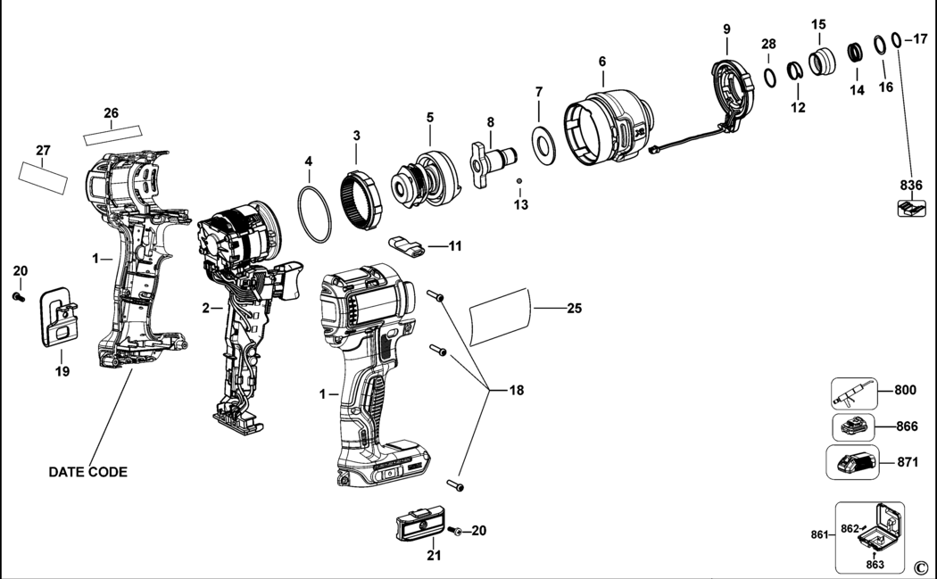 Dewalt DCF787 Type 1 Impact Wrench Spare Parts