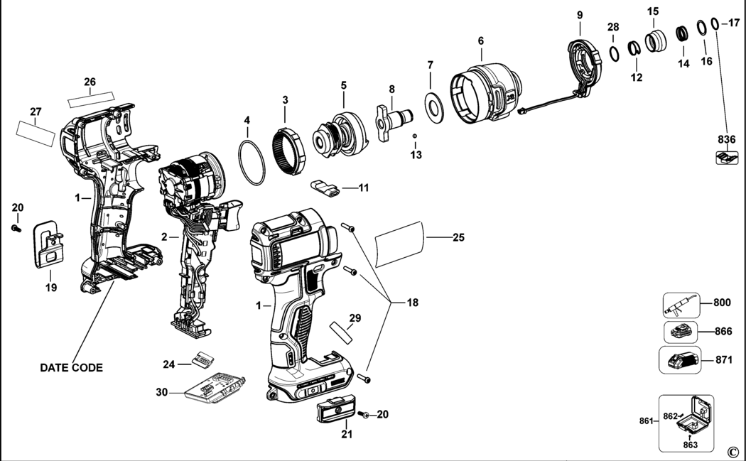 Dewalt DCF888 Type 1 Impact Driver Spare Parts