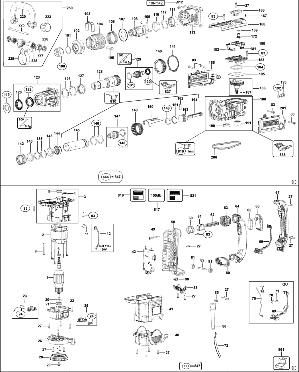 Dewalt D25851K Type 2 Rotary Hammer Spare Parts