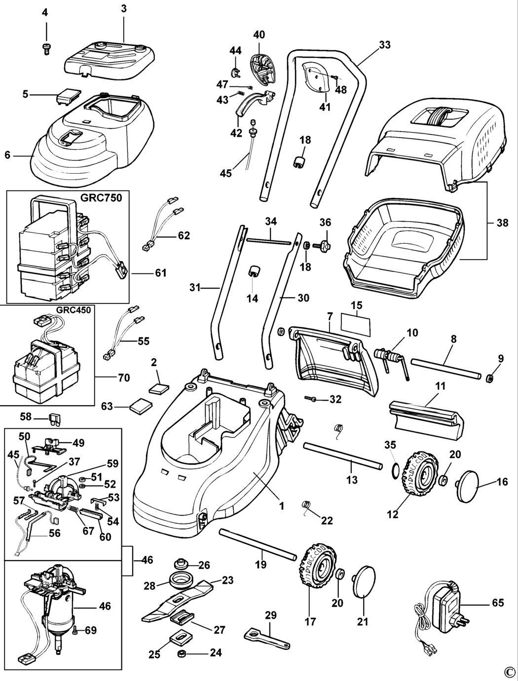 Black & Decker GRC450 Type 1 Cordless Mower Spare Parts