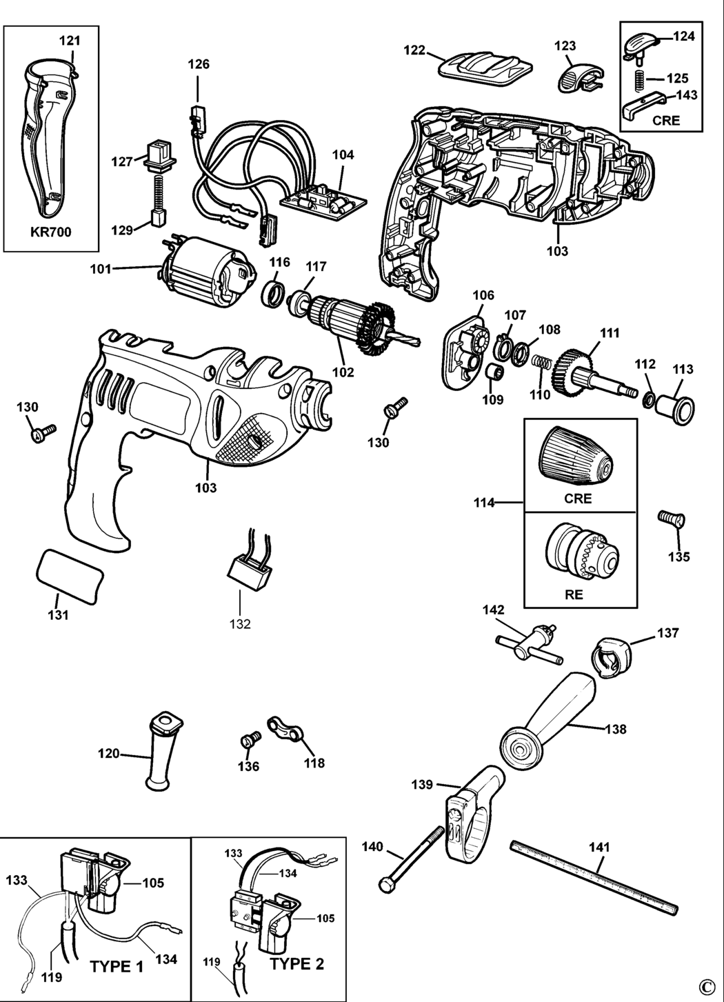 Black & Decker KR650CRE Type 2 Drill Spare Parts