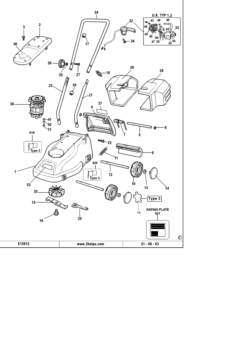 Black & Decker GR340 Type 3 Rotary Mower Spare Parts