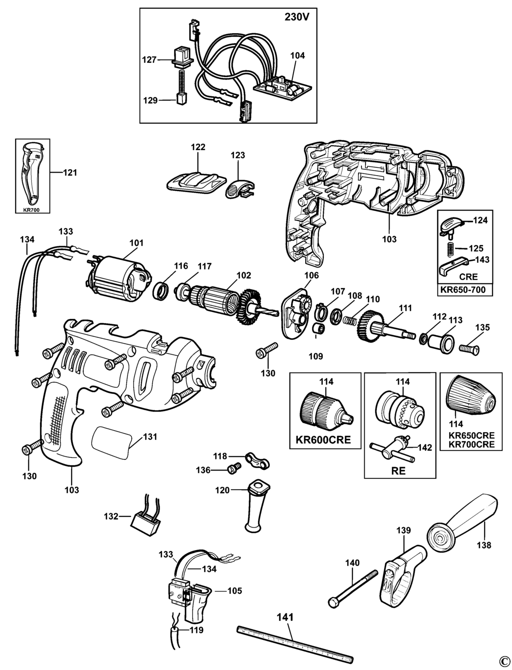 Black & Decker KR600CRE Type 5 Drill Spare Parts
