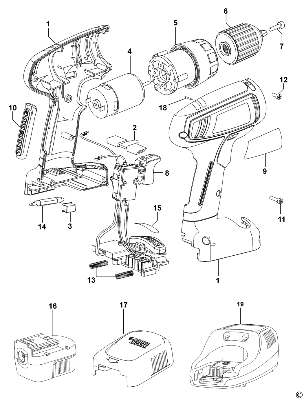 Black & Decker CP141KB Type 1 Cordless Drill Spare Parts