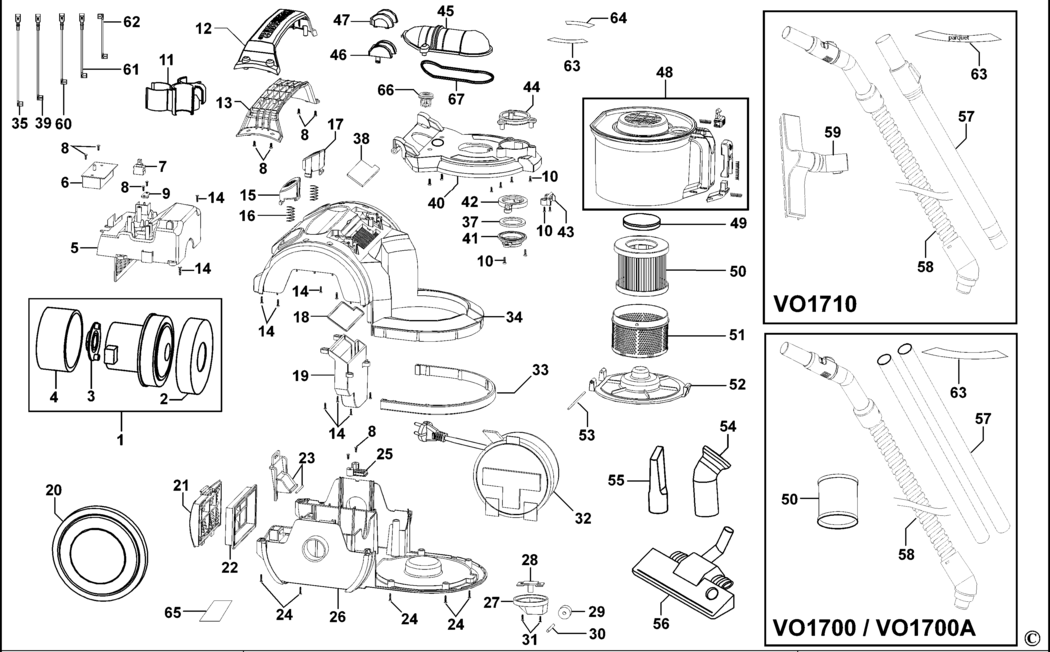 Black & Decker VO1700A Type 1 Vacuum Cleaner Spare Parts