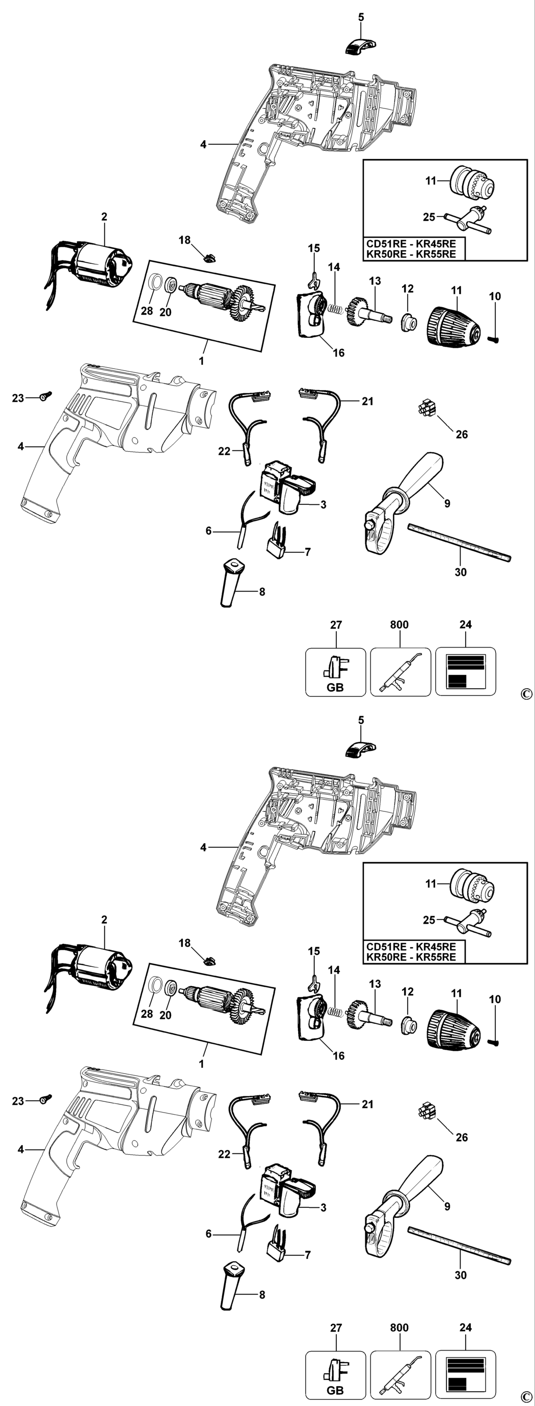 Black & Decker KR55CRE Type 1 Drill Spare Parts