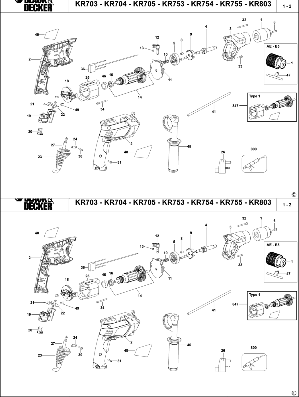 Black & Decker KR703 Type 1 Hammer Drill Spare Parts