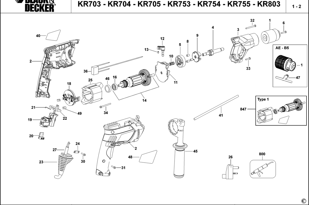 Black & Decker KR753 Type 1 Hammer Drill Spare Parts