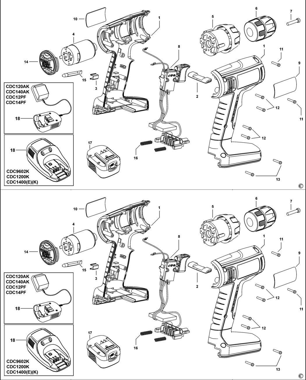 Black & Decker CDC1200 Type 1 Cordless Drill Spare Parts
