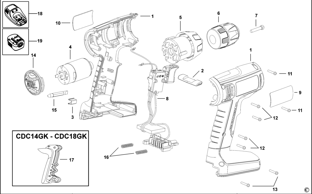 Black & Decker CDC18K Type 1 Cordless Drill Spare Parts