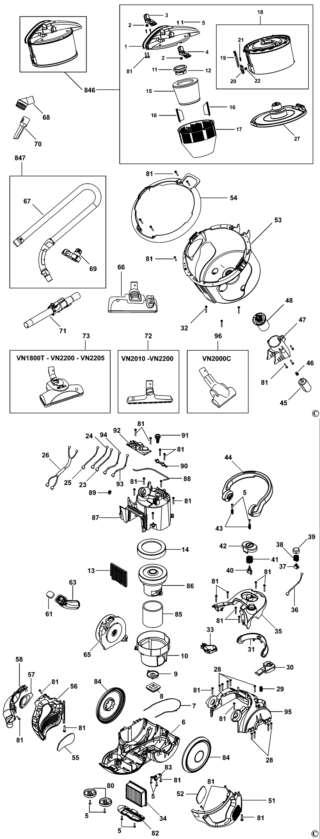 Black & Decker VN2205 Type 1 Vacuum Cleaner Spare Parts