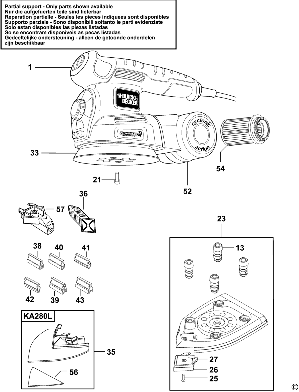 Black & Decker KA280 Type 1 Orbital Sander Spare Parts