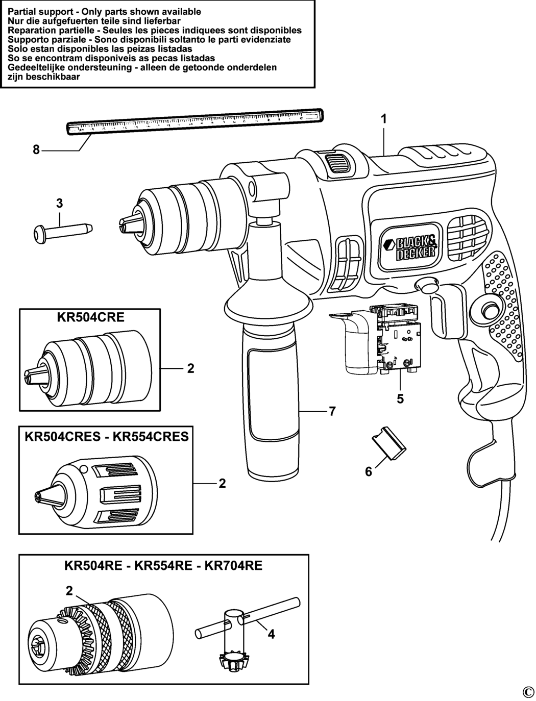 Black & Decker KR554CRES Type 1 Hammer Drill Spare Parts