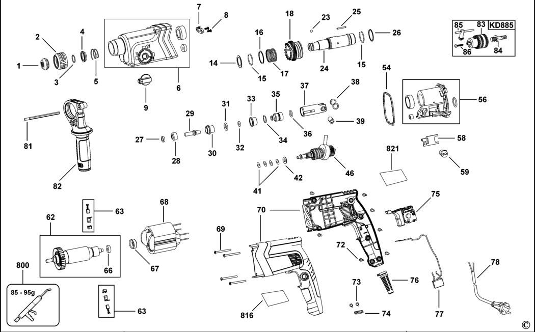 Black & Decker KD885 Type 1 Rotary Hammer Spare Parts