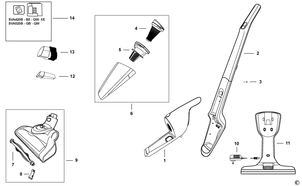 Black & Decker SVA520B Type 1 Stick-vac Spare Parts
