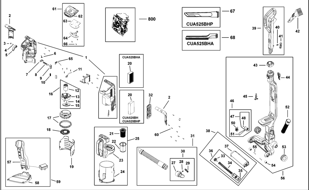 Black & Decker CUA525BH Type H1 Stick-vac Spare Parts