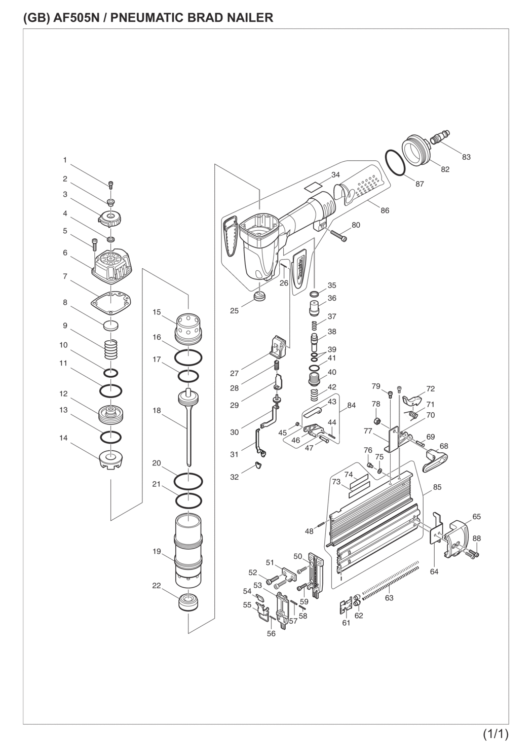Makita AF505N Pneumatic Brad Nailer Spare Parts