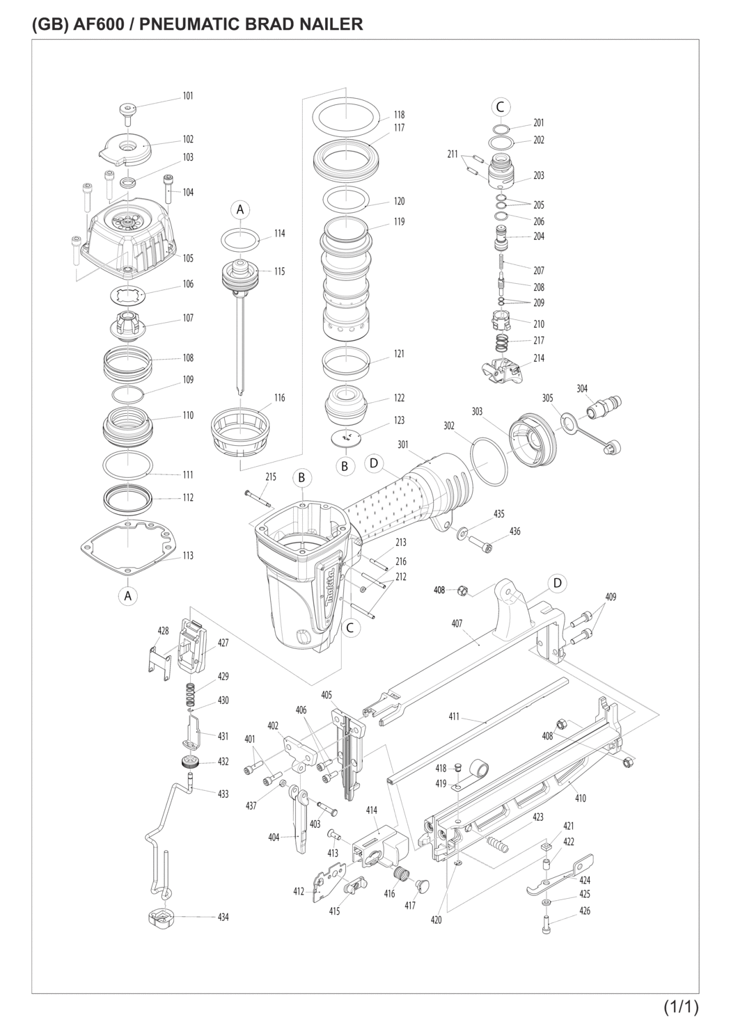 Makita AF600 Pneumatic Brad Nailer Spare Parts