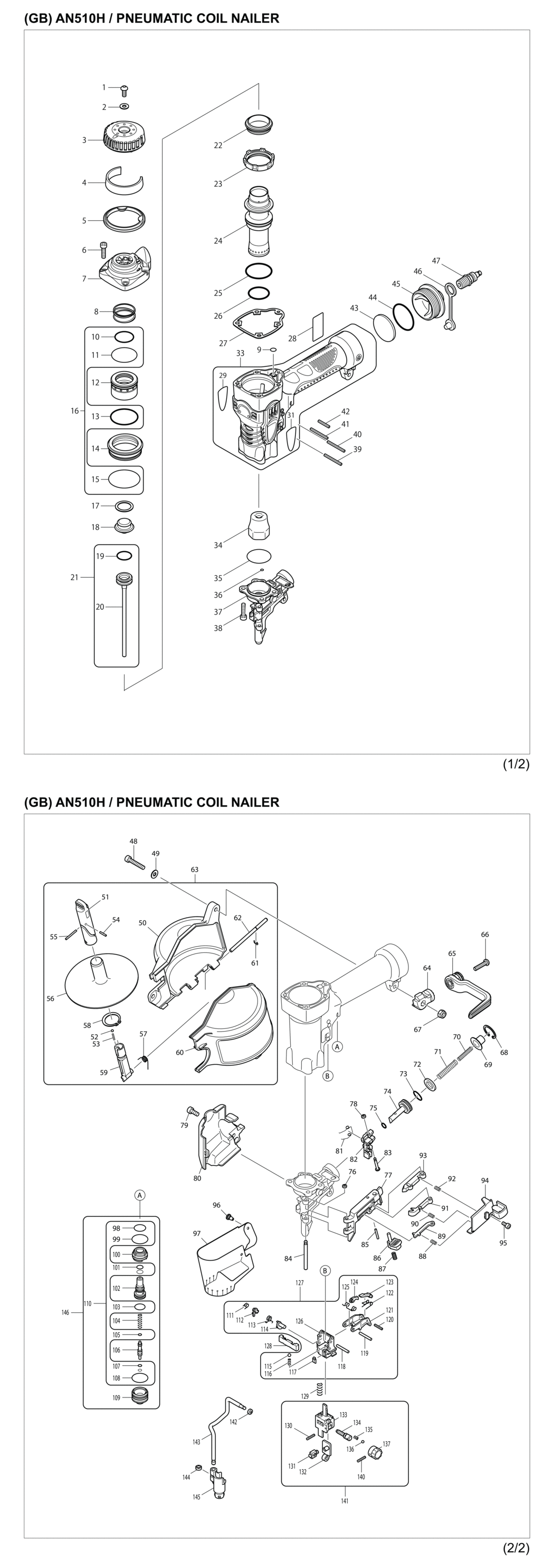 Makita AN510H Construction Coil Nailer Spare Parts