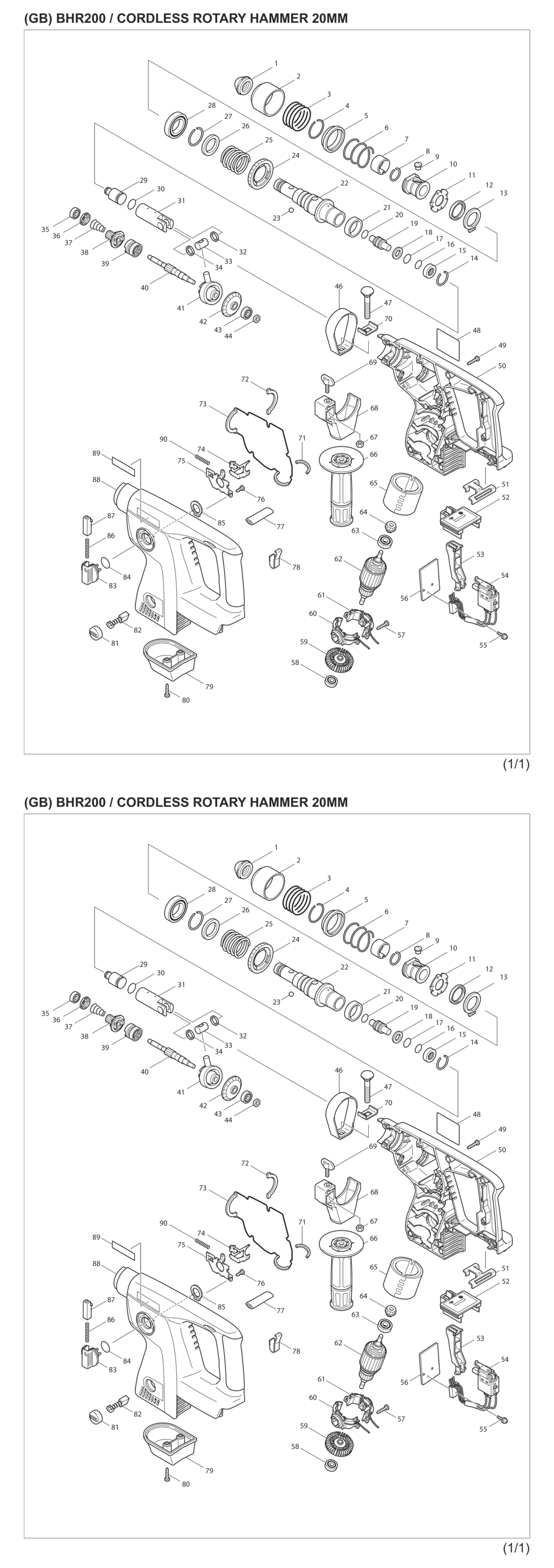 Makita BHR200SJE Cordless Combination Hammer Spare Parts