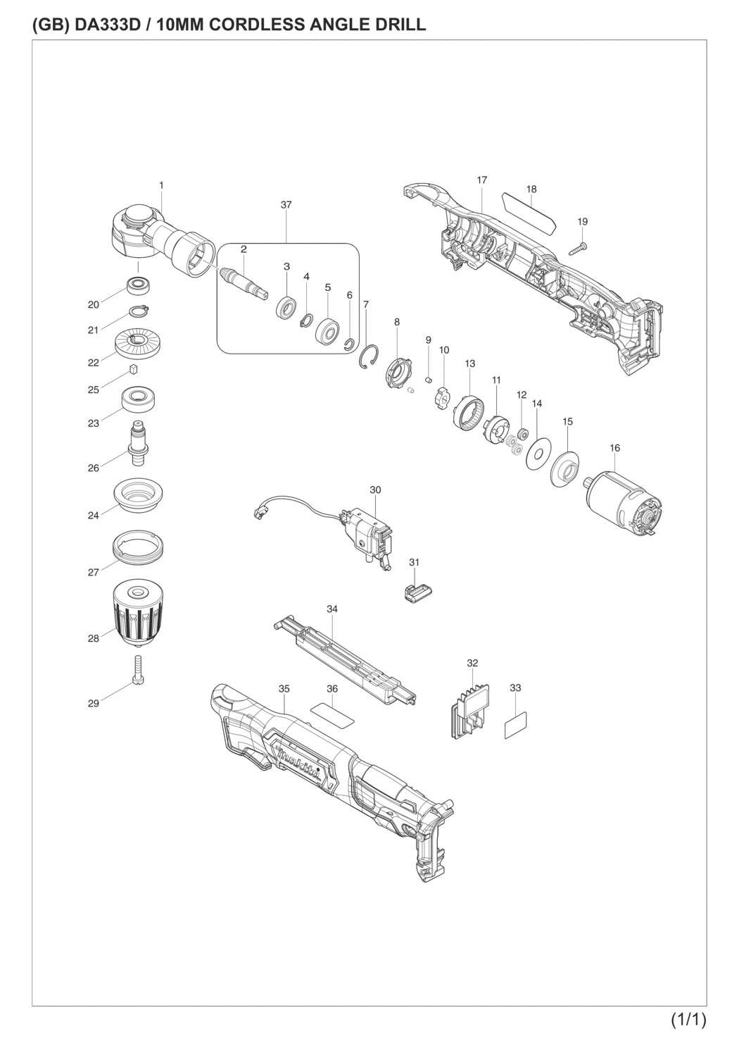 Makita DA333DZ Cordless Angle Drill Spare Parts