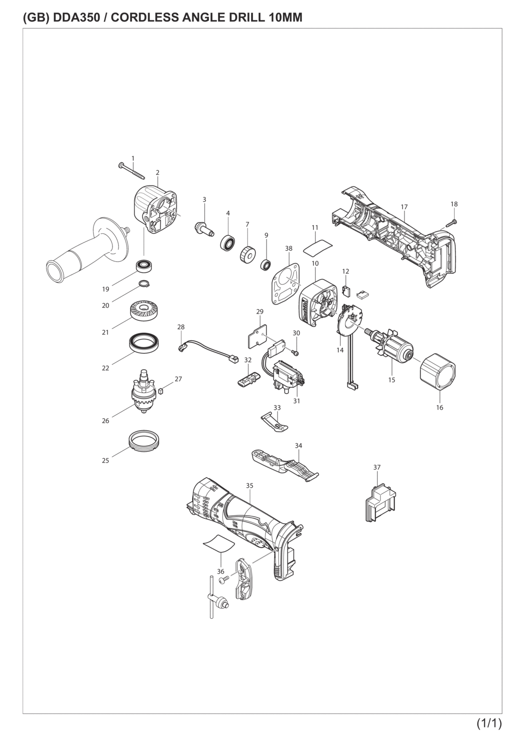 Makita DDA350Z Cordless Angle Drill Spare Parts