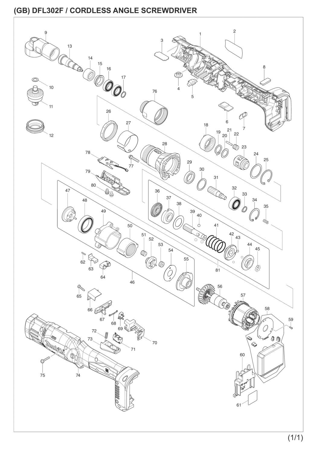 Makita DFL302FZ Cordless Angle Screwdriver Spare Parts