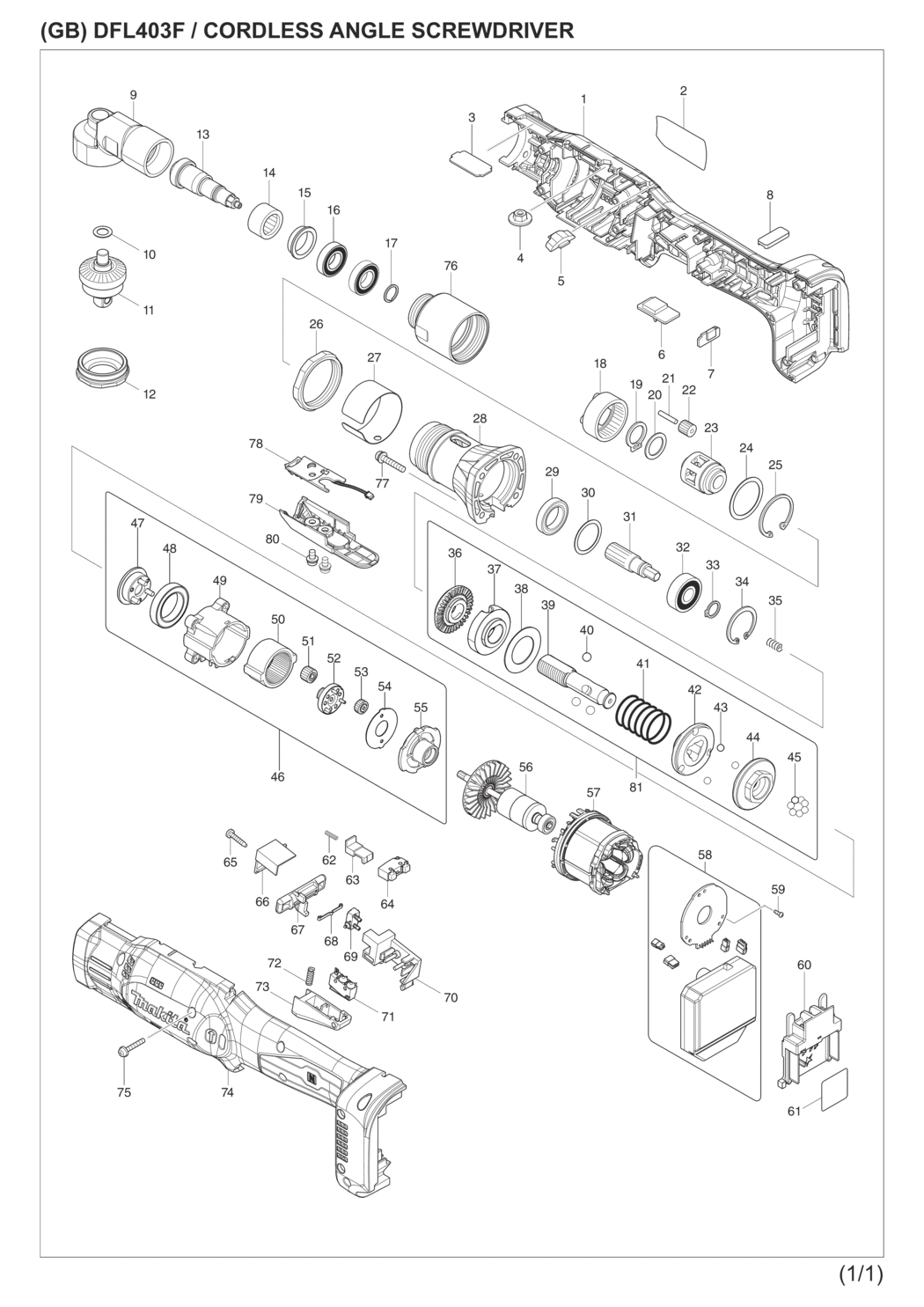 Makita DFL403FZ Cordless Angle Screwdriver Spare Parts
