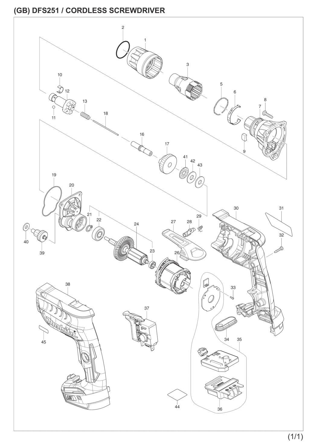 Makita DFS251Z Cordless Screwdriver Spare Parts