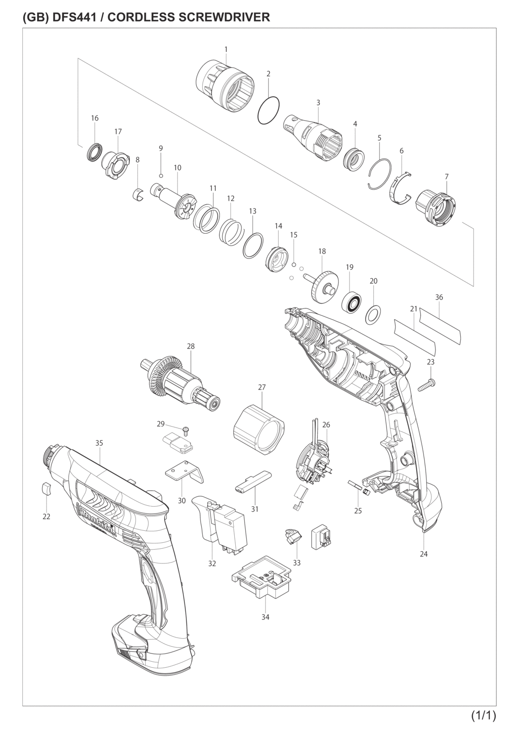 Makita DFS441Z Cordless Screwdriver Spare Parts