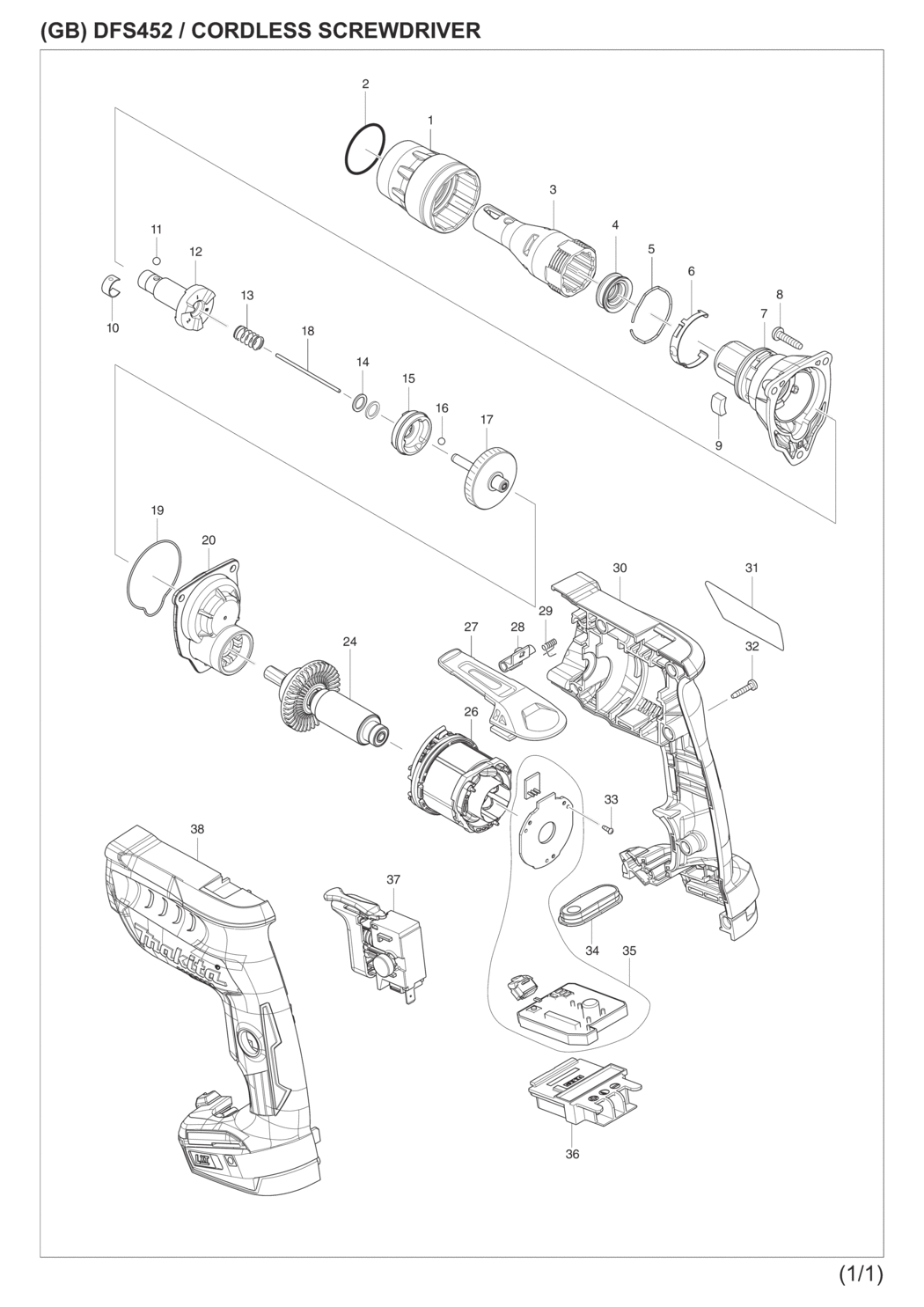 Makita DFS452Z Cordless Screwdriver Spare Parts