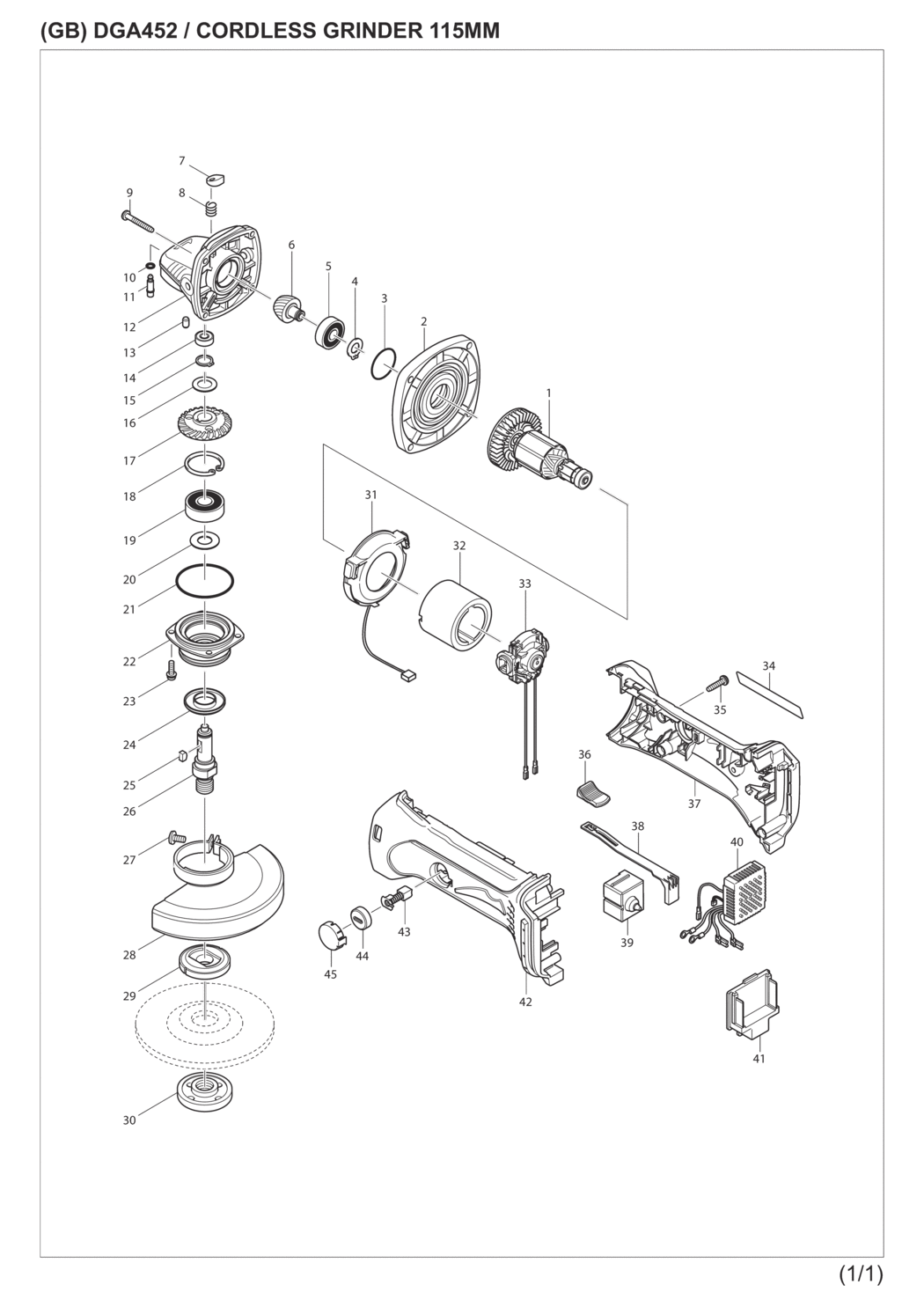 Makita DGA452RFE Cordless Angle Grinder Spare Parts