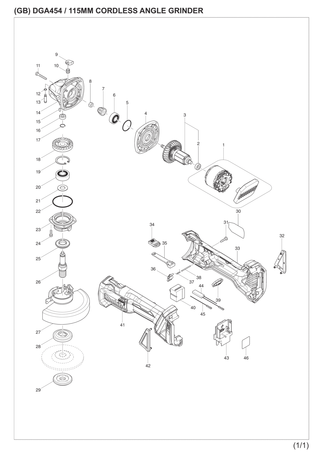 Makita DGA454RMJ Cordless Angle Grinder Spare Parts