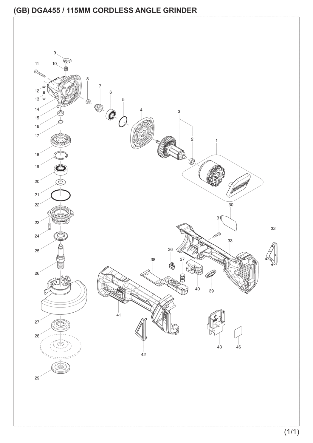 Makita DGA455Z Cordless Angle Grinder Spare Parts