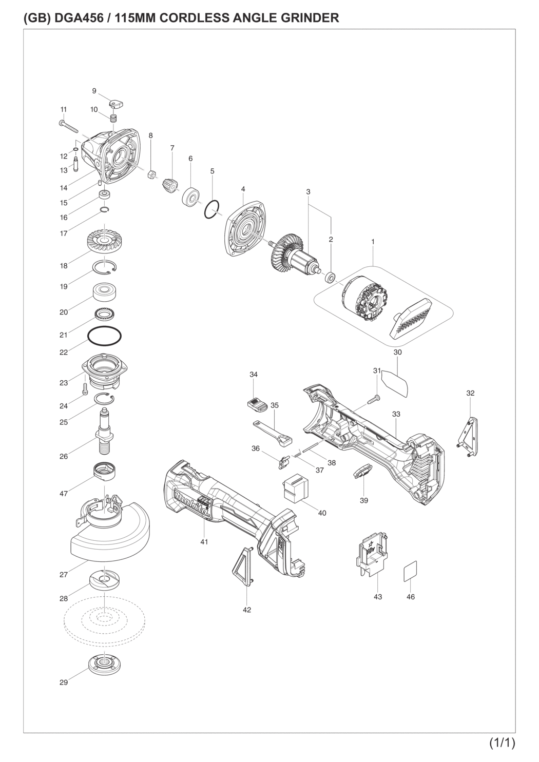 Makita DGA456Z Cordless Angle Grinder Spare Parts