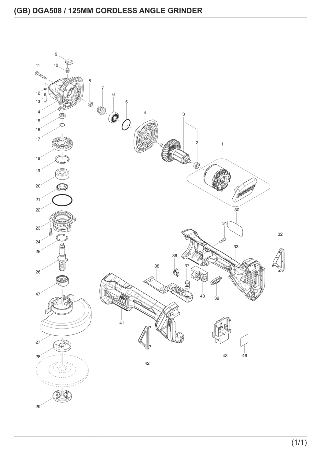 Makita DGA508Z Cordless Angle Grinder Spare Parts