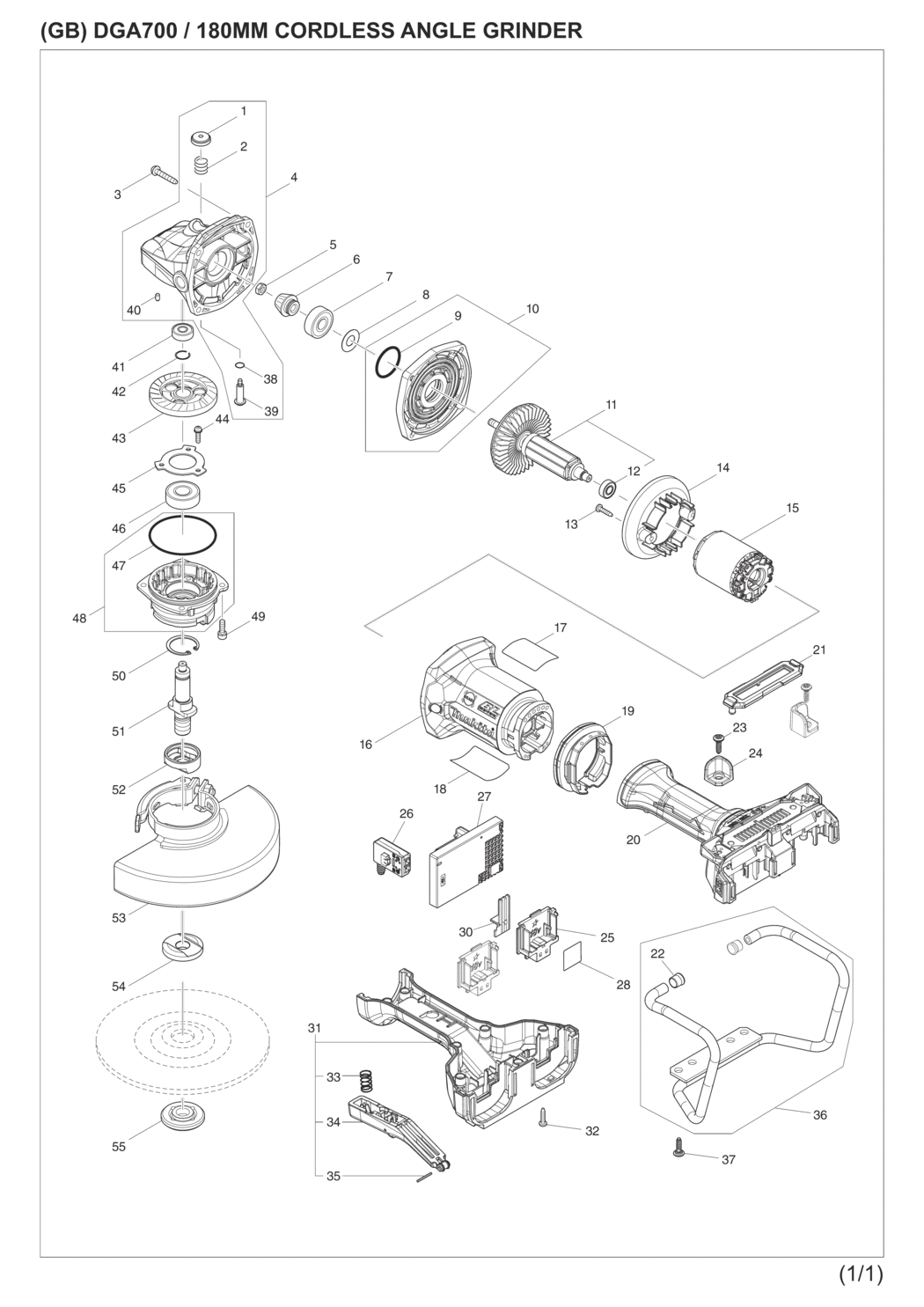 Makita DGA700Z Cordless Angle Grinder Spare Parts