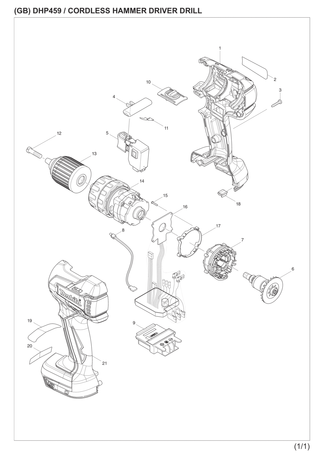 Makita DHP459RF3W Cordless Hammer Driver Drill Spare Parts