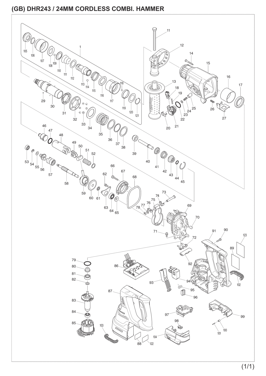 Makita DHR243RMJ Cordless Combination Hammer Spare Parts