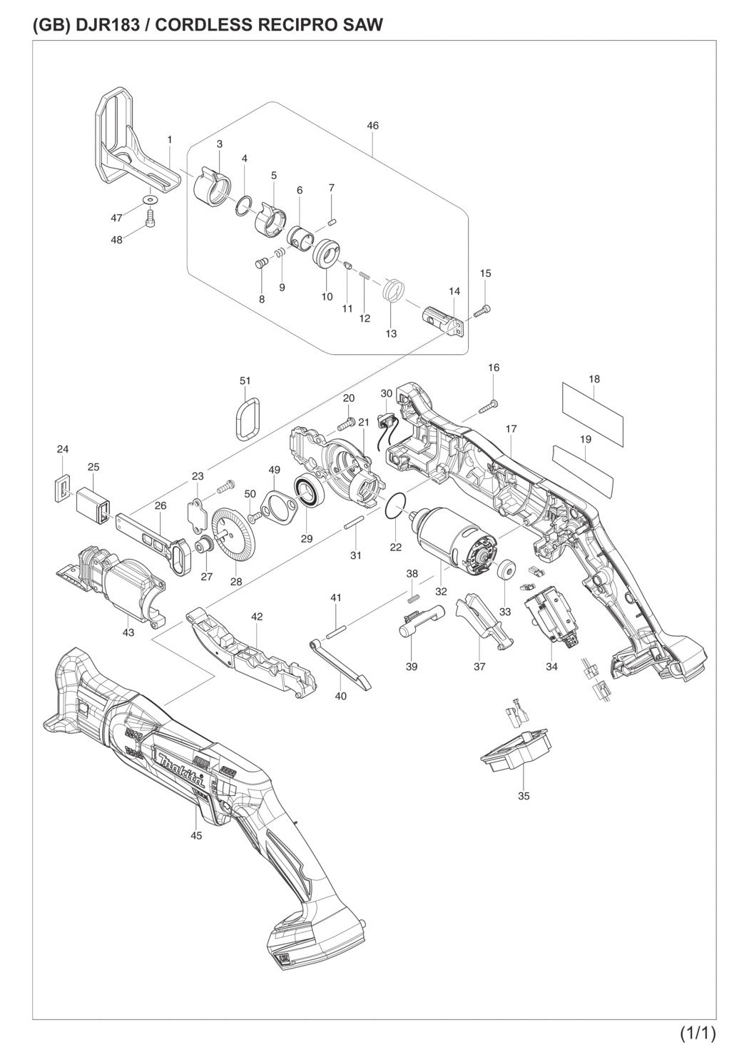 Makita DJR183RAE Cordless Recipro Saw Spare Parts