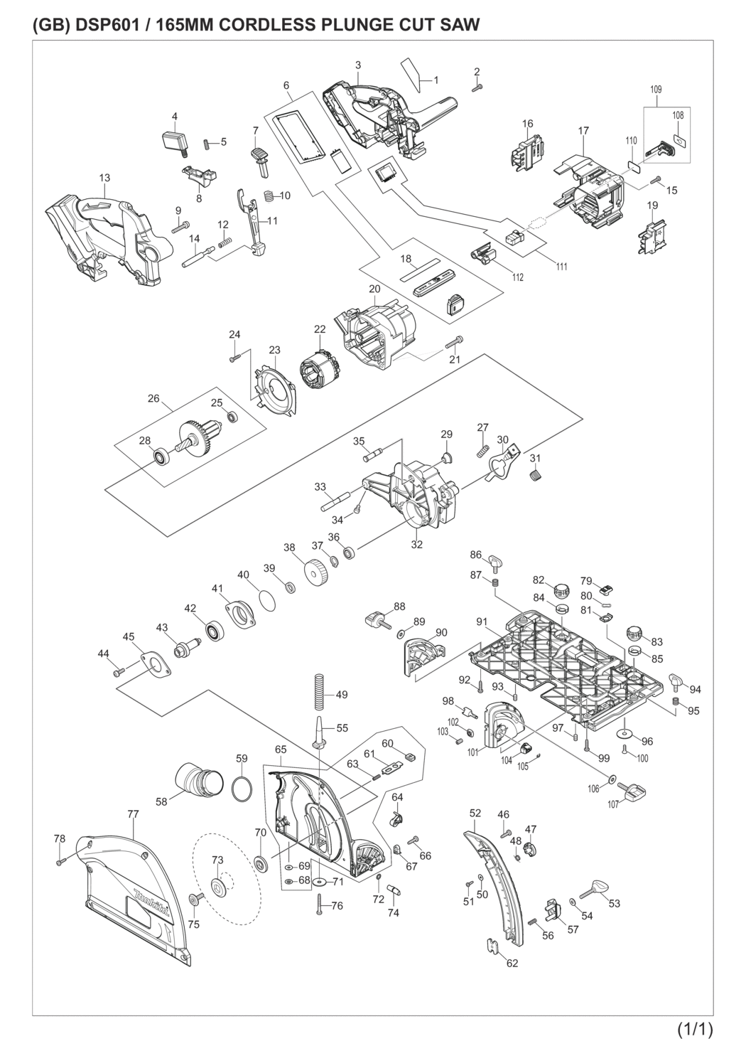 Makita DSP601ZJU Cordless Plunge Cut Saw Spare Parts