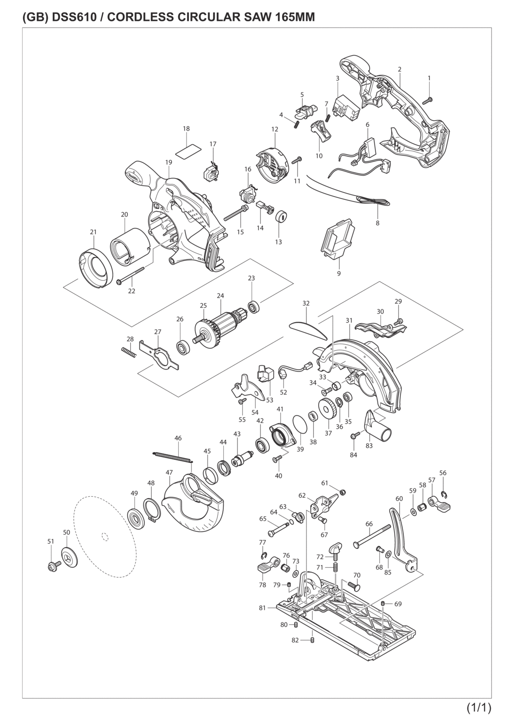 Makita DSS610RFE Cordless Circular Saw Spare Parts