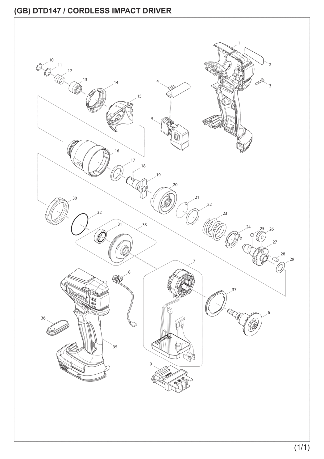 Makita DTD147RFE Cordless Impact Driver Spare Parts