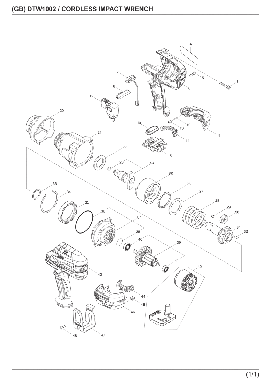 Makita DTW1002RTJ Cordless Impact Wrench Spare Parts