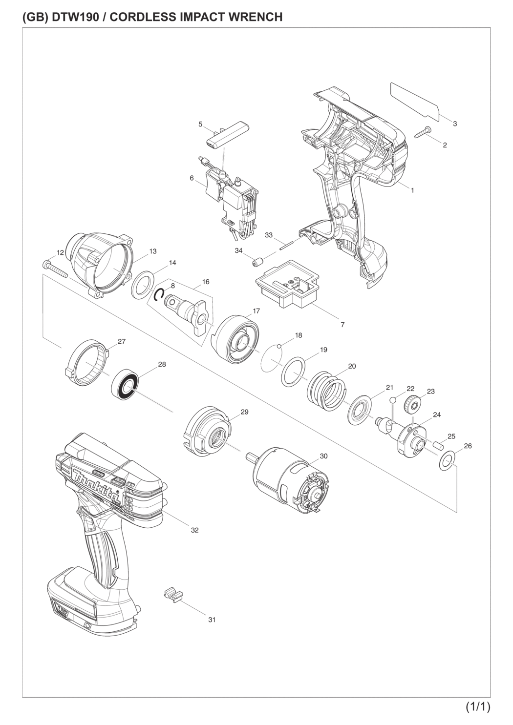 Makita DTW190RTJ Cordless Impact Wrench Spare Parts