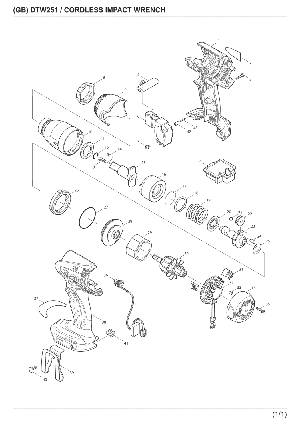 Makita DTW251RFE Cordless Impact Wrench Spare Parts